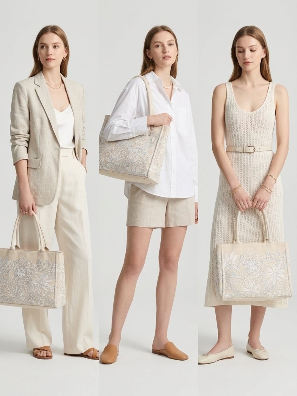 Neutral Floral Oscar De La Renta Embossed Tote Bag